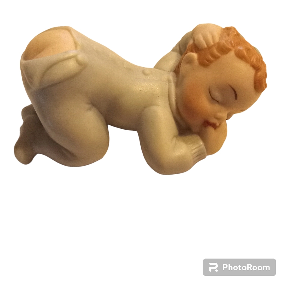 Vintage Thumb Sucking Ceramic Sleeping Baby Figurine Signed.